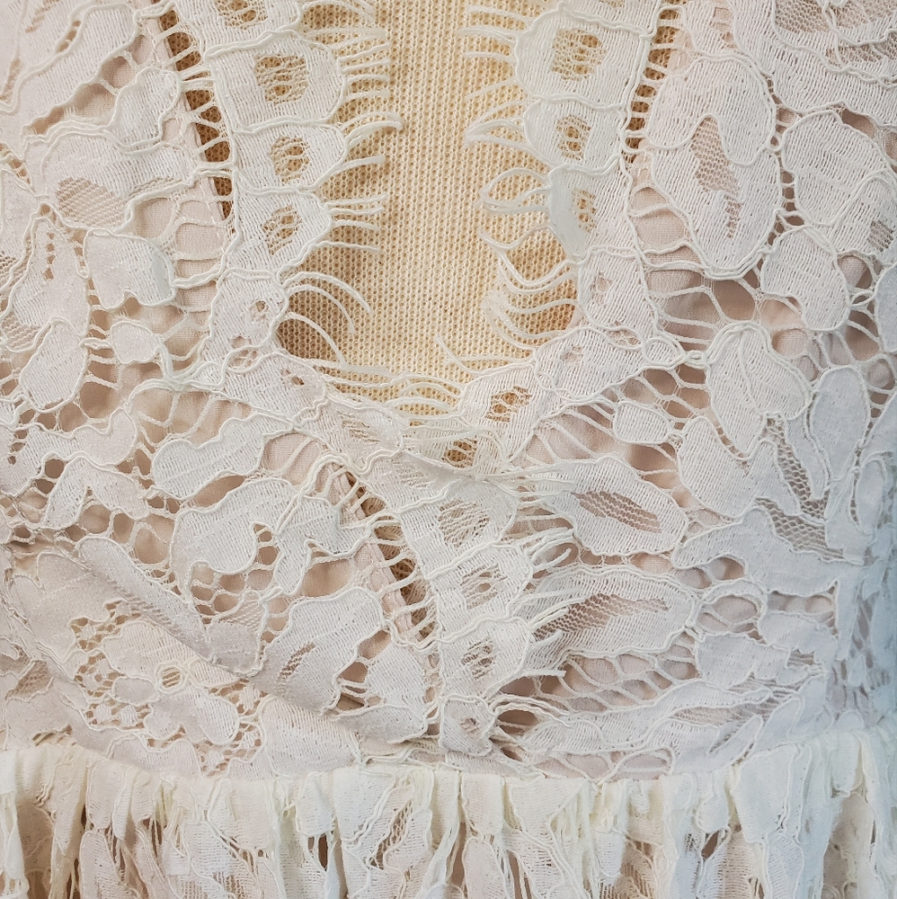 NWT Tobi Off White Lace Sleeveless Deep-V Sheer Back Mini Dress Womens Medium - Picture 11 of 15